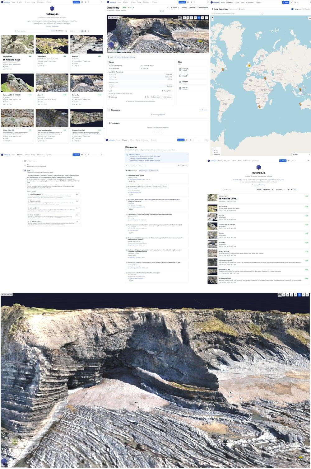 The outcrop.io platform showing a gallery of shared models, a model detail page, a world map of model locations and a full-screen 3D outcrop