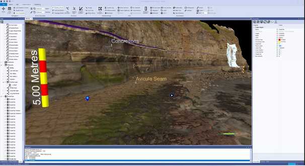 A digital outcrop model labelled and annotated with scale bars, waypoints and text